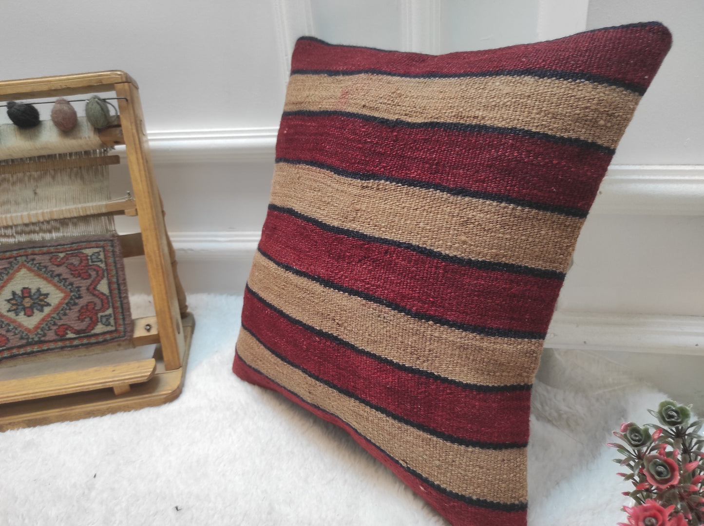 Handmade Striped Kilim Pillow Cover: Upcycled Woven Rug, 16x16