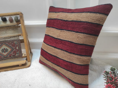 Handmade Striped Kilim Pillow Cover: Upcycled Woven Rug, 16x16