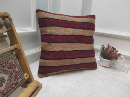 Handmade Kilim Pillow Cover: Upcycled Woven Rug, Bohemian Accent (16x16)