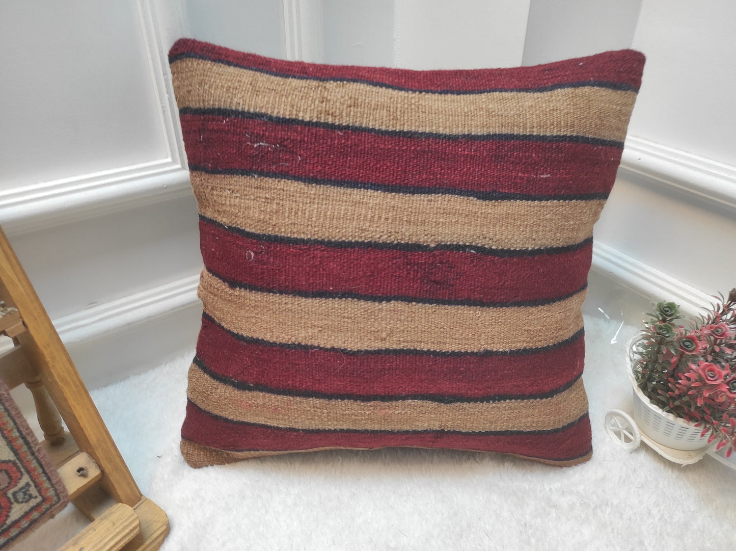Handmade Kilim Pillow Cover: Upcycled Woven Rug, Bohemian Accent (16x16)