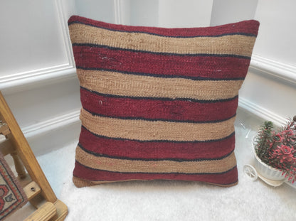 Handmade Kilim Pillow Cover: Upcycled Woven Rug, Bohemian Accent (16x16)