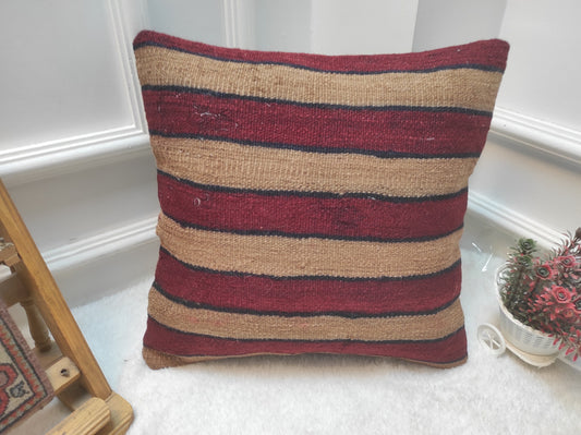Handmade Kilim Pillow Cover: Upcycled Woven Rug, Bohemian Accent (16x16)