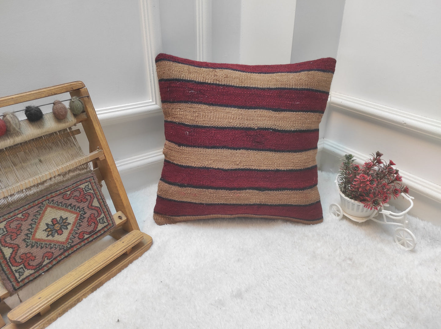 Handmade Kilim Pillow Cover: Upcycled Woven Rug, Bohemian Accent (16x16)