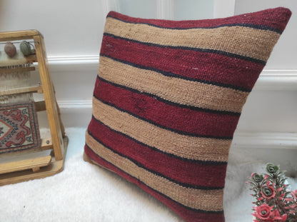 Handmade Kilim Pillow Cover: Upcycled Woven Rug, Bohemian Accent (16x16)
