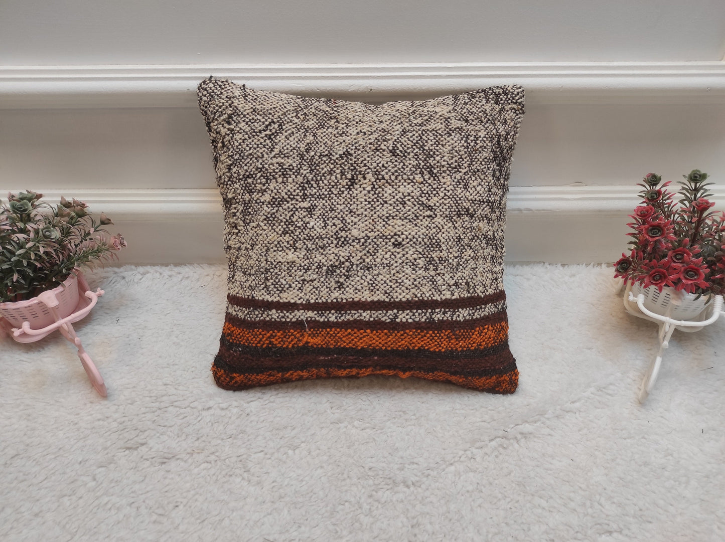 Handwoven Kilim Pillow Cover: Bohemian Rug Pillow, 12x12 inch