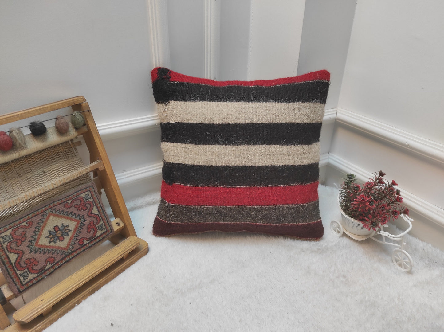 Handmade Kilim Pillow Cover: Upcycled Woven Rug, Striped 16x16