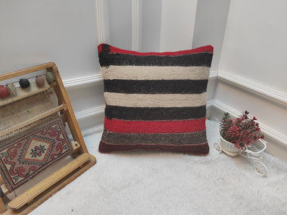 Handmade Kilim Pillow Cover: Upcycled Woven Rug, Striped 16x16