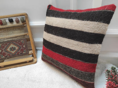 Handmade Kilim Pillow Cover: Upcycled Woven Rug, Striped 16x16