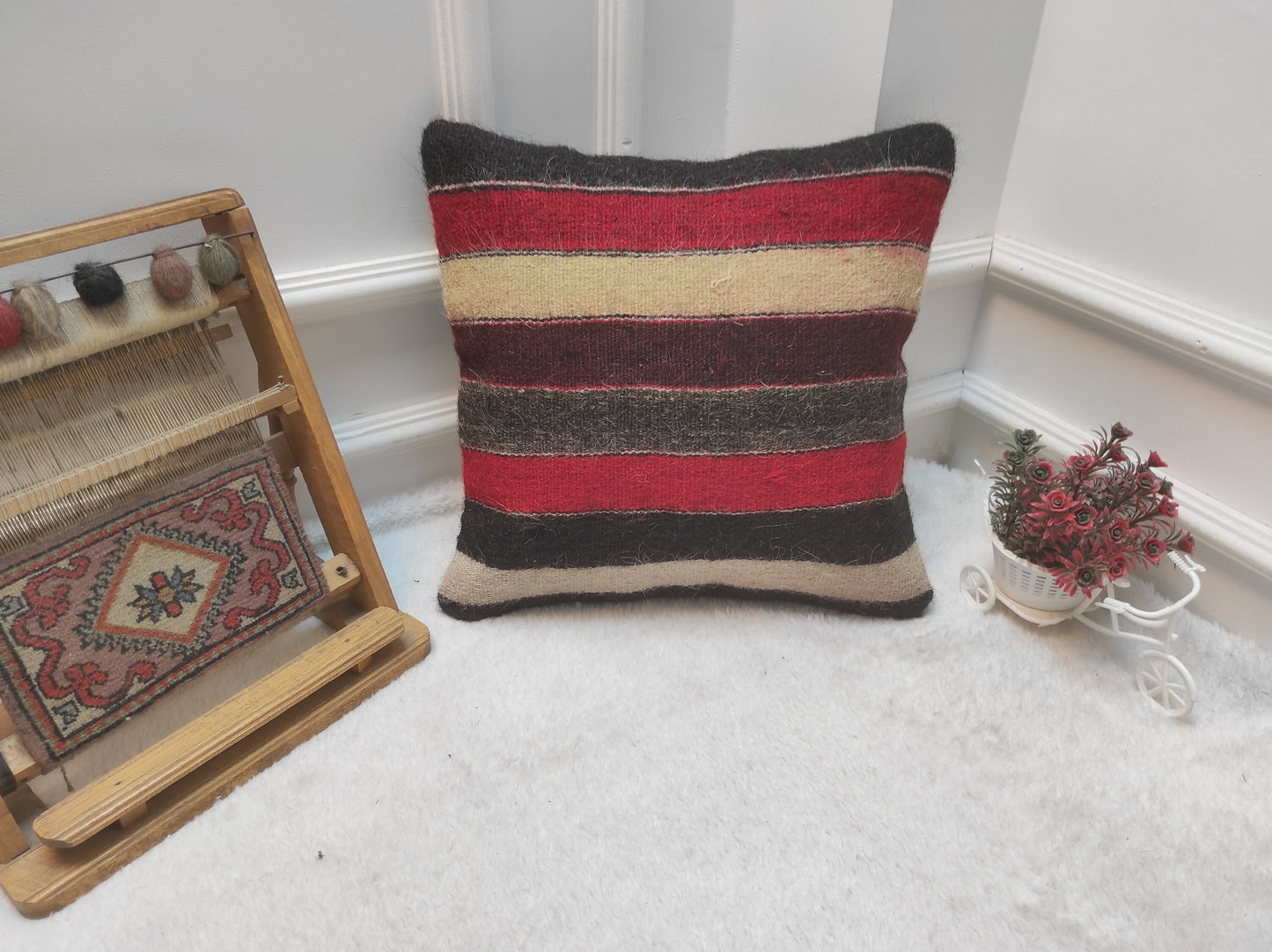 Handmade Striped Kilim Pillow Cover: Upcycled Woven Wool, 16x16