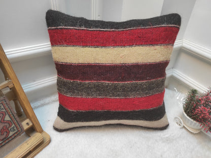 Handmade Striped Kilim Pillow Cover: Upcycled Woven Wool, 16x16