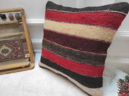 Handmade Striped Kilim Pillow Cover: Upcycled Woven Wool, 16x16