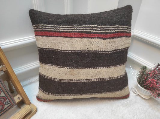 Handmade Kilim Pillow Cover: Upcycled Woven Rug, Black Striped Pillow (16x16 in)