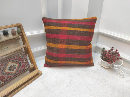 Handwoven Kilim Pillow Cover: Upcycled Rustic Tribal Pillow (16x16 Inc)