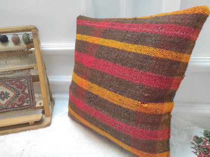 Handwoven Kilim Pillow Cover: Upcycled Rustic Tribal Pillow (16x16 Inc)