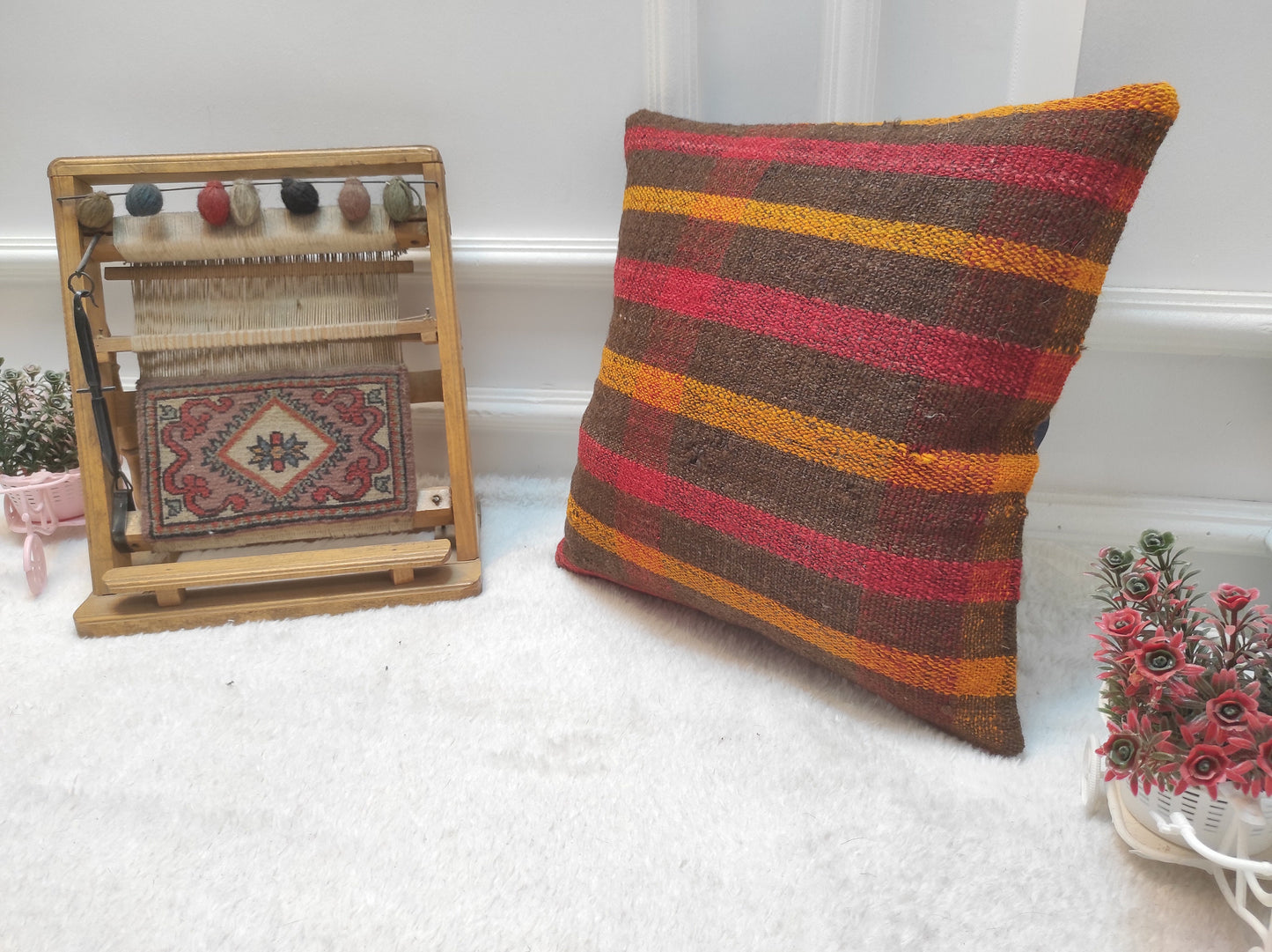 Handwoven Kilim Pillow Cover: Upcycled Rustic Tribal Pillow (16x16 Inc)