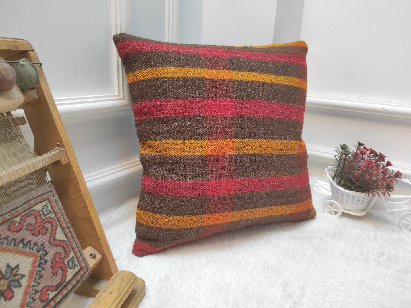 Handwoven Kilim Pillow Cover: Upcycled Rustic Tribal Pillow (16x16 Inc)