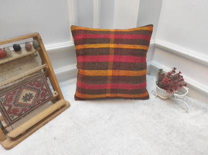 Handwoven Kilim Pillow Cover: Upcycled Bohemian Rug, 16x16 inc