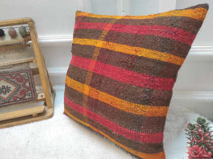 Handwoven Kilim Pillow Cover: Upcycled Bohemian Rug, 16x16 inc
