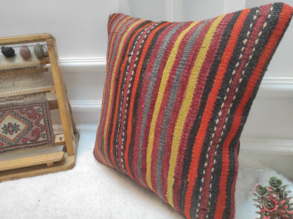Handmade Kilim Pillow Cover: Upcycled Woven Rug, Bohemian Decor (16x16)