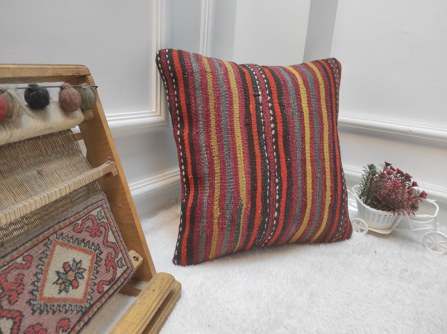 Handmade Kilim Pillow Cover: Upcycled Woven Rug, Bohemian Decor (16x16)