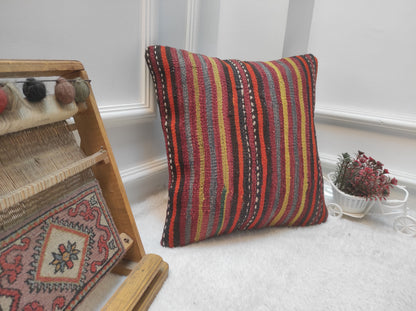 Handmade Kilim Pillow Cover: Upcycled Woven Rug, Bohemian Decor (16x16)