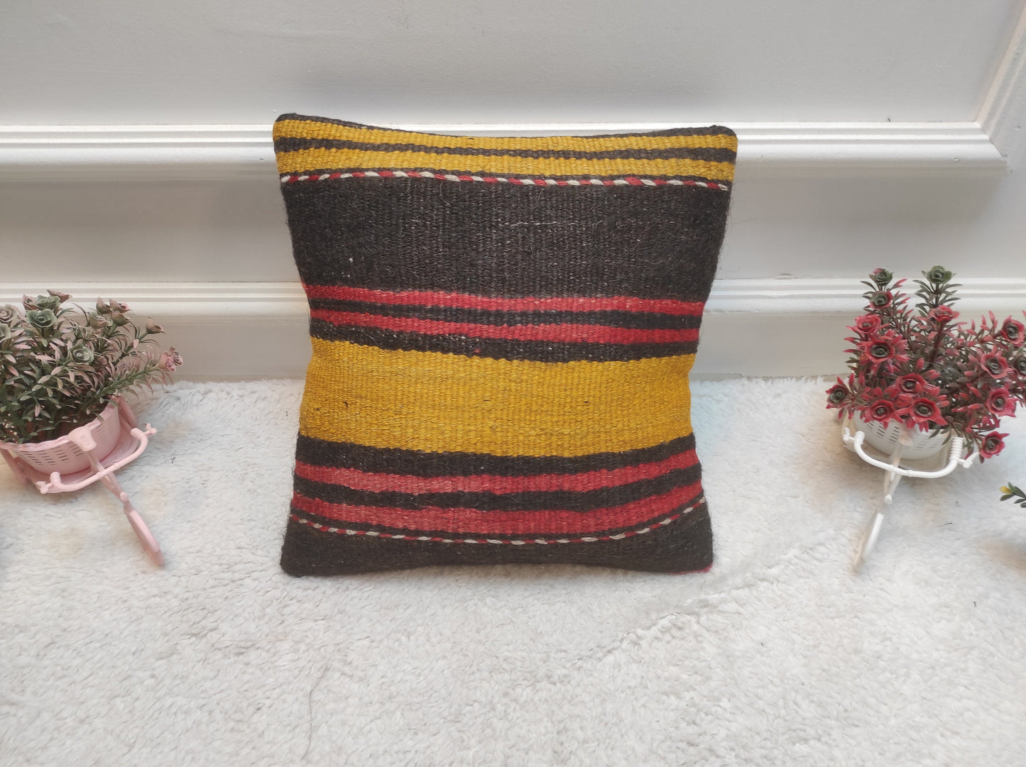 Handwoven Kilim Pillow Cover: Black, Red, Yellow, Bohemian Accent (12x12 inc)