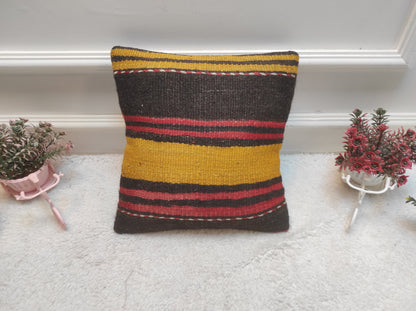 Handwoven Kilim Pillow Cover: Black, Red, Yellow, Bohemian Accent (12x12 inc)