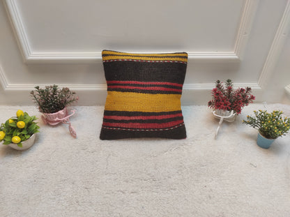Handwoven Kilim Pillow Cover: Black, Red, Yellow, Bohemian Accent (12x12 inc)