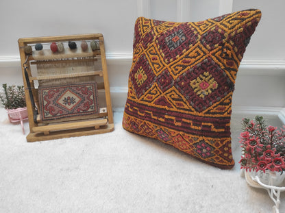 Handmade Kilim Pillow Cover: Upcycled Woven Rug, Geometric Design (16x16)