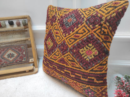 Handmade Kilim Pillow Cover: Upcycled Woven Rug, Geometric Design (16x16)