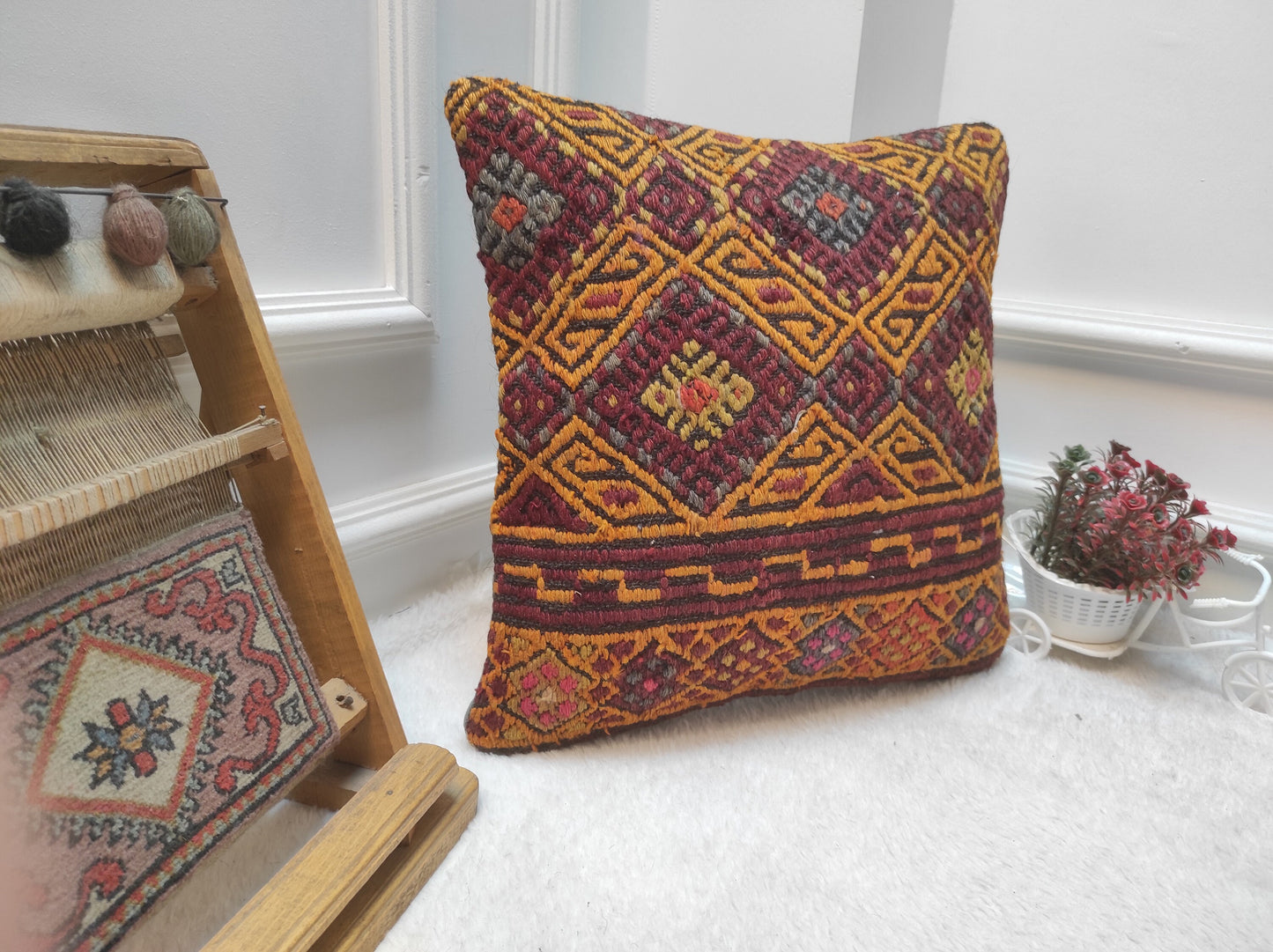 Handmade Kilim Pillow Cover: Upcycled Woven Rug, Geometric Design (16x16)