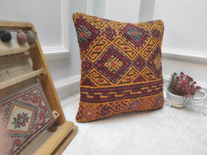 Handmade Kilim Pillow Cover: Upcycled Woven Rug, Geometric Design (16x16)
