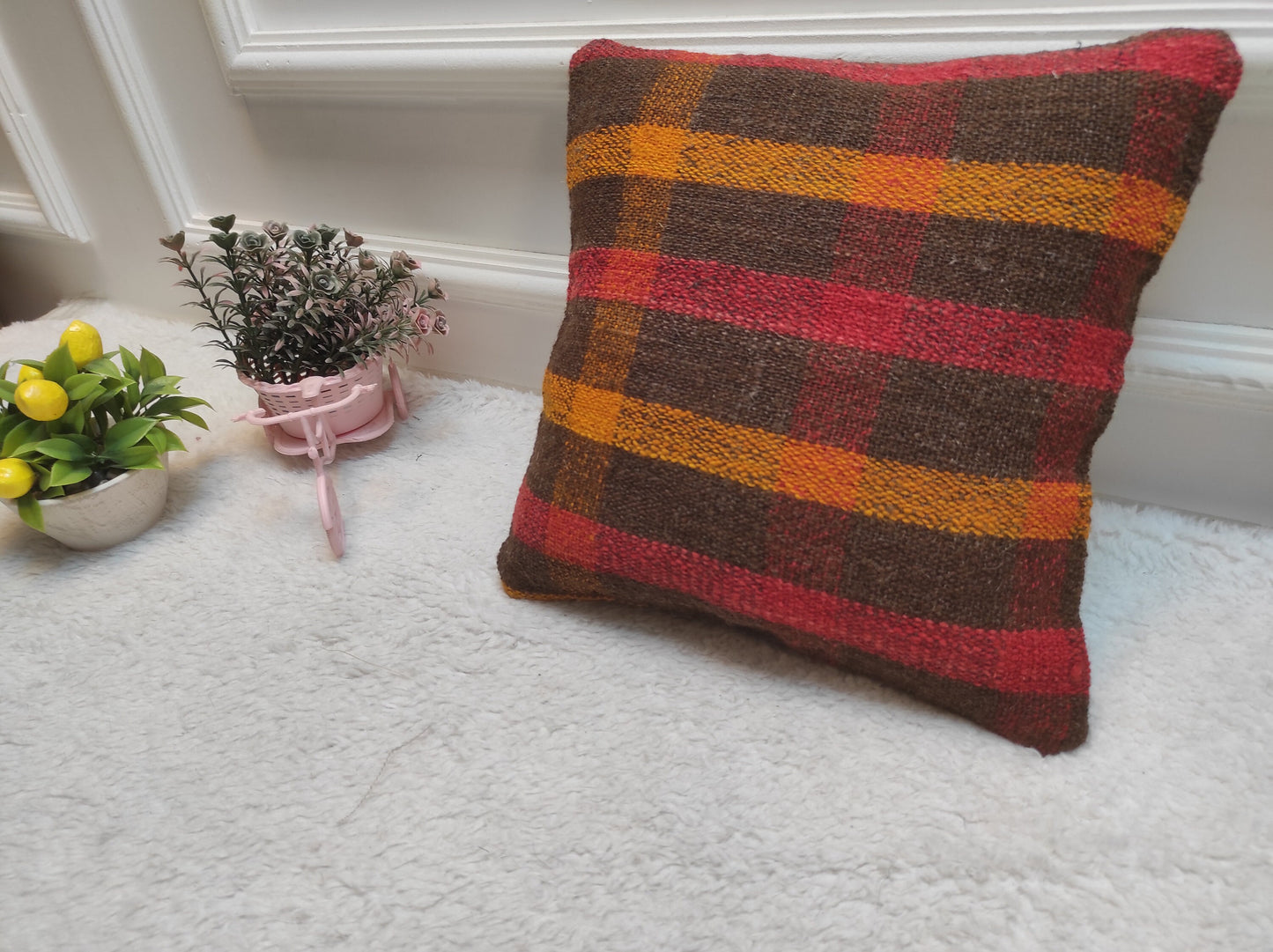 Handmade Kilim Pillow Cover: Upcycled Woven Rug, Bohemian Decor (12x12 inch)
