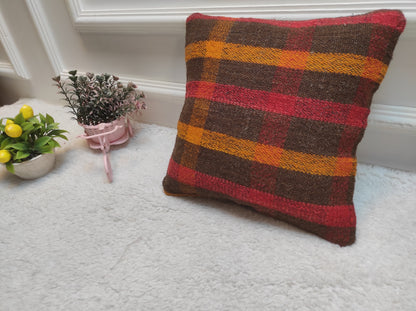 Handmade Kilim Pillow Cover: Upcycled Woven Rug, Bohemian Decor (12x12 inch)