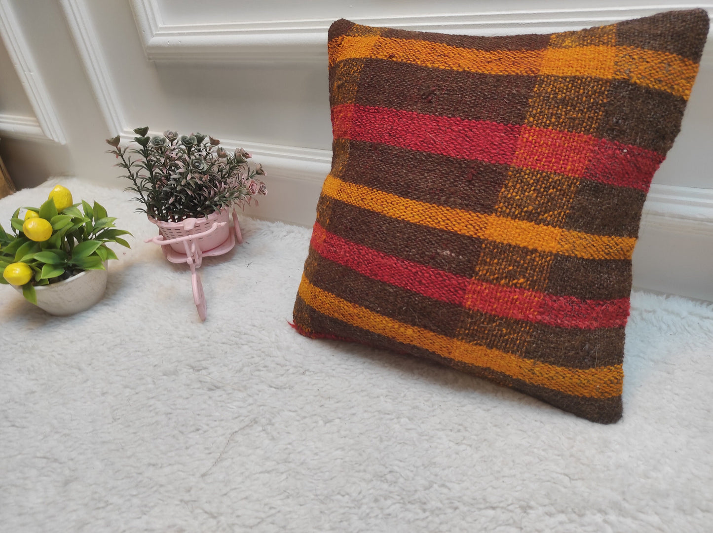 Handmade Kilim Pillow Cover: Upcycled Woven Rug, Rustic Ethnic Decor 12x12 inch