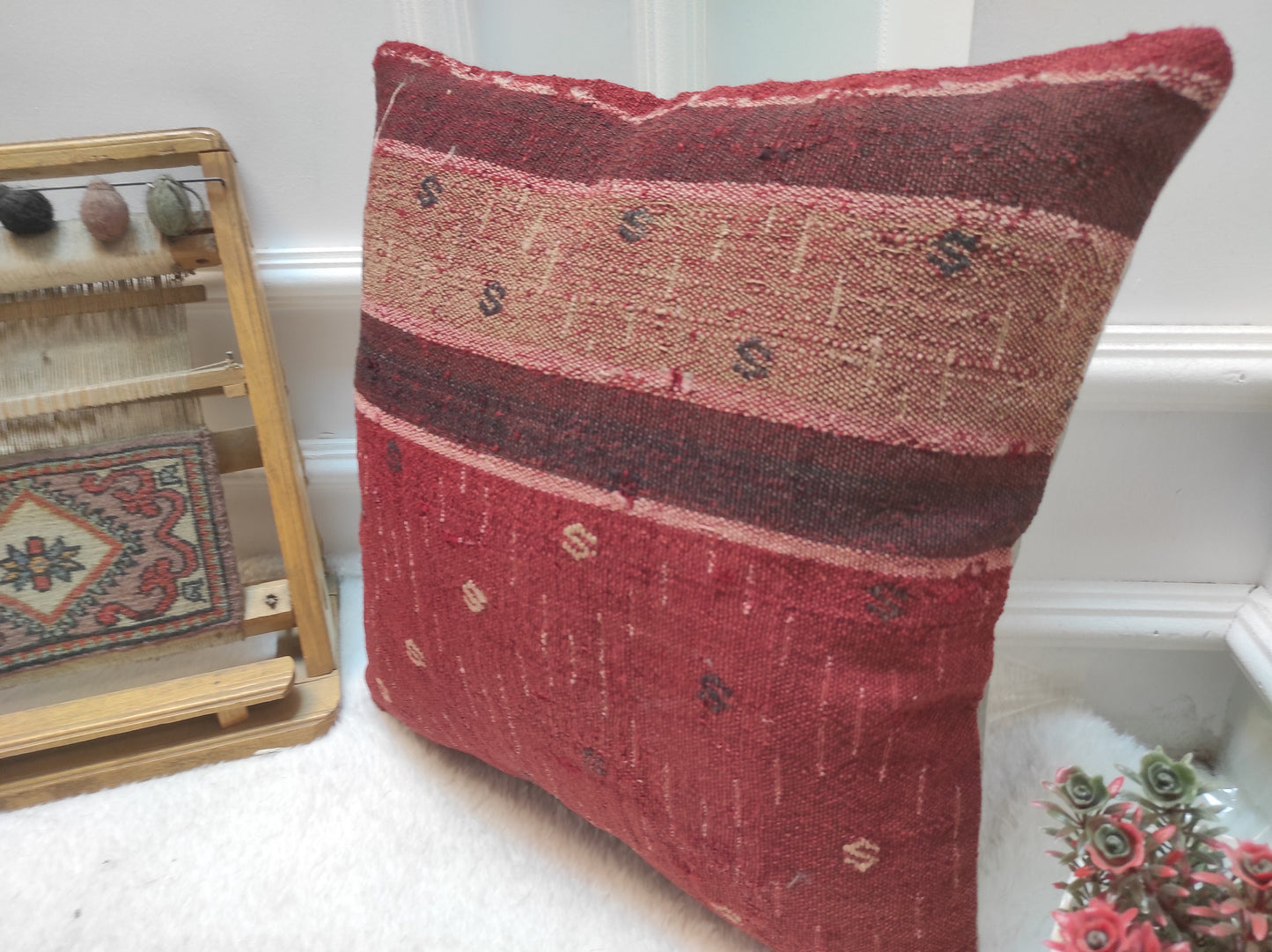 Handmade Kilim Pillow Cover: Upcycled Organic Wool, 16x16