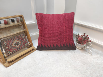 Red Kilim Pillow Cover: Handwoven Anatolian Wool, 16x16