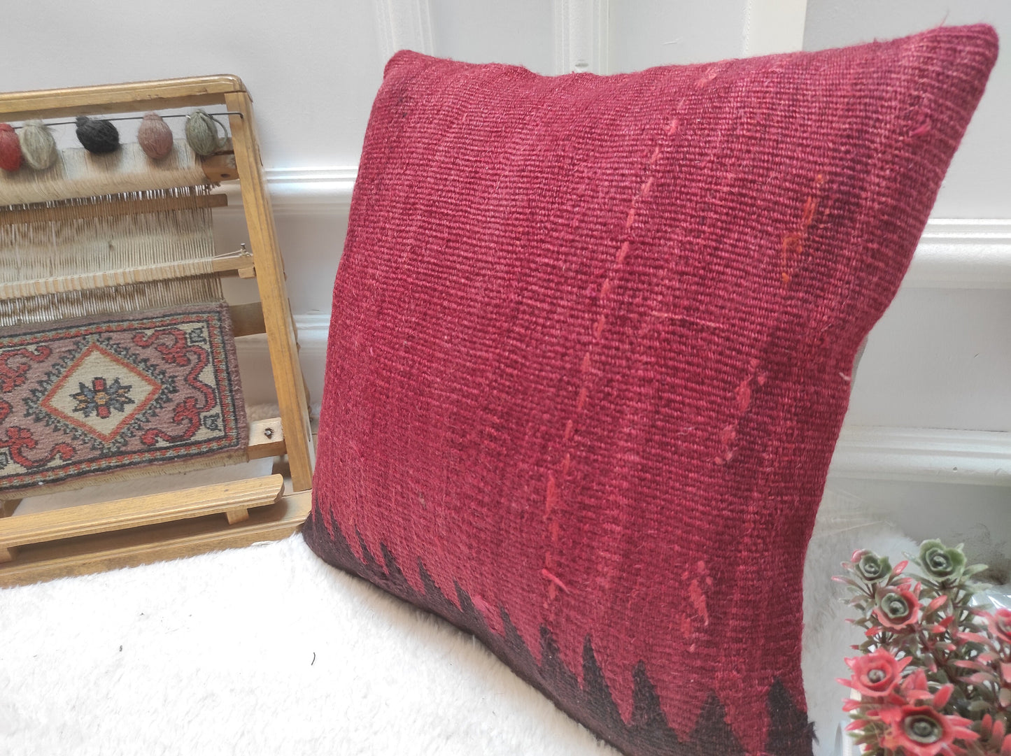 Red Kilim Pillow Cover: Handwoven Anatolian Wool, 16x16