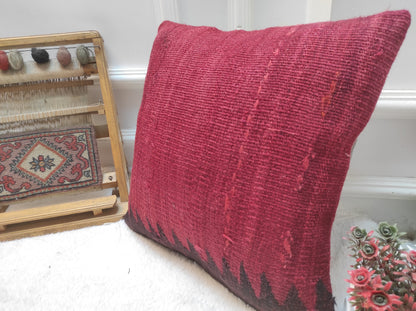 Red Kilim Pillow Cover: Handwoven Anatolian Wool, 16x16