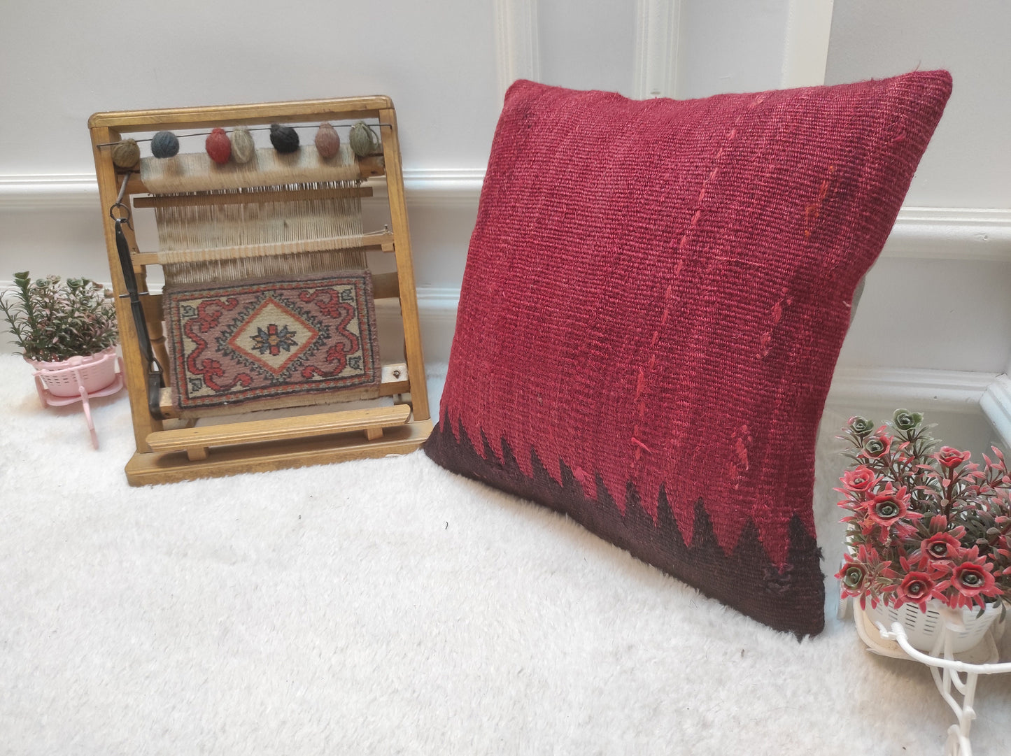Red Kilim Pillow Cover: Handwoven Anatolian Wool, 16x16