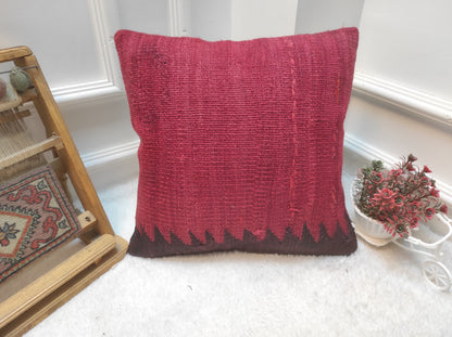 Red Kilim Pillow Cover: Handwoven Anatolian Wool, 16x16