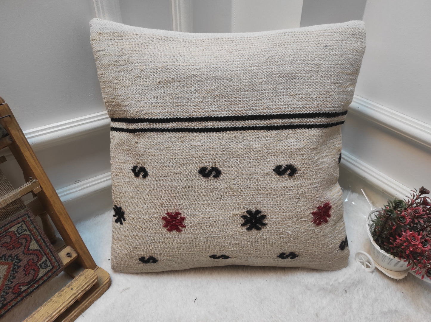 Handmade Kilim Pillow Cover: Upcycled Woven Rug, 18x18 Square