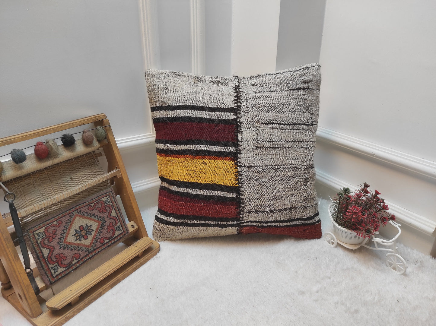 Handwoven Kilim Pillow Cover: Upcycled Ethnic Rug, 18x18 in