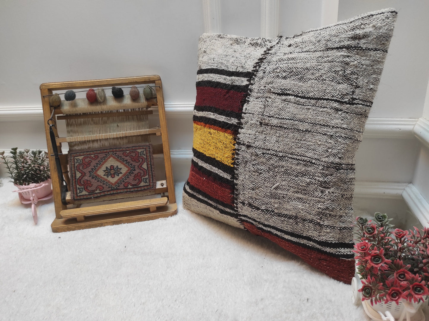Handwoven Kilim Pillow Cover: Upcycled Ethnic Rug, 18x18 in