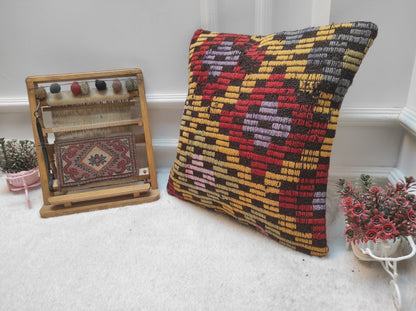 Handmade Kilim Pillow Cover: Upcycled Woven Rug, Ethnic Decor (18x18 inch)