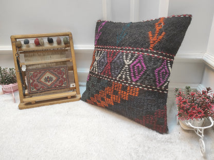 Handmade Kilim Pillow Cover: Upcycled Woven Rug, 18x18 inch