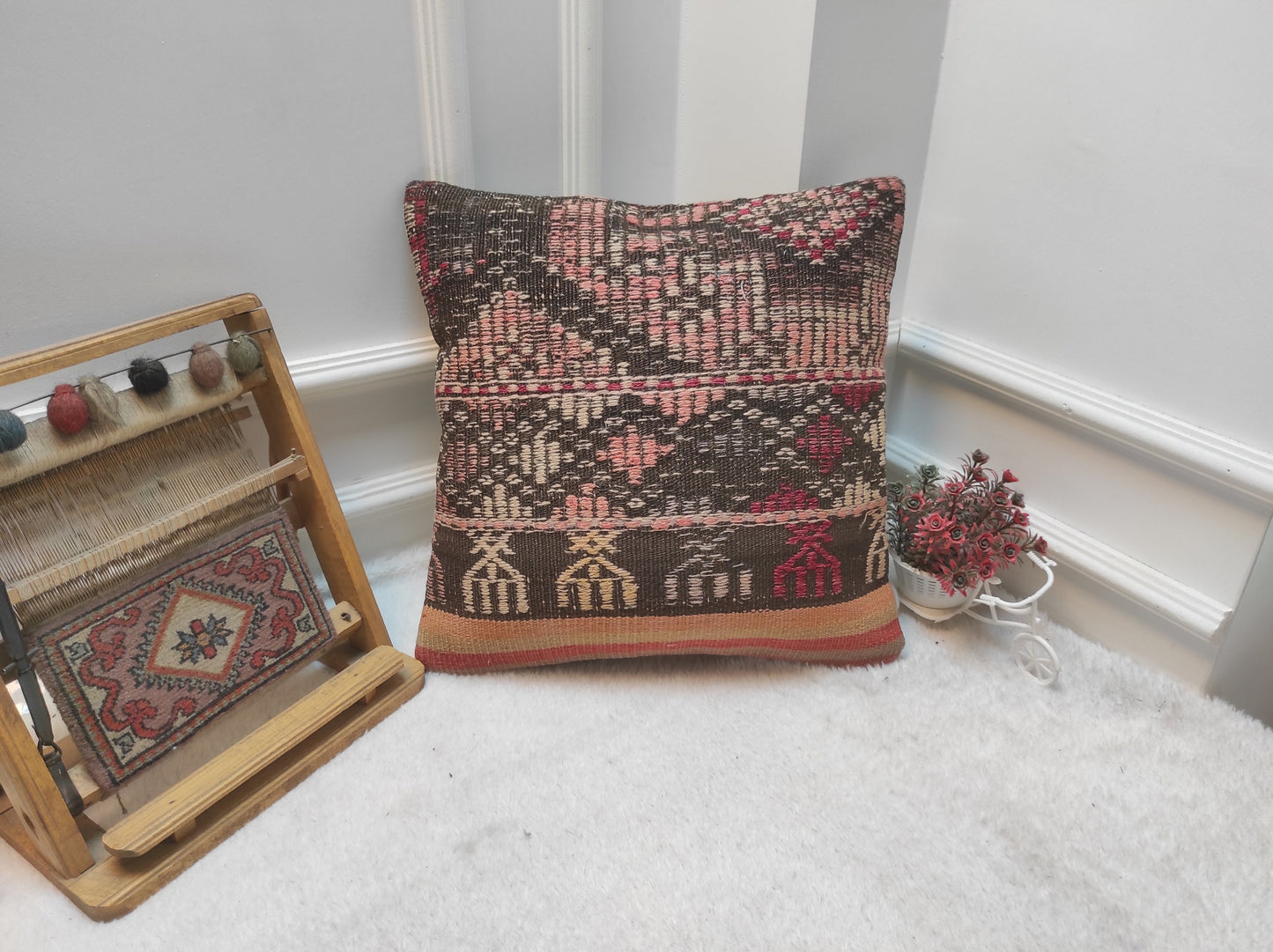 Handmade Kilim Pillow Cover: Upcycled Woven Rug, Ethnic Decor (18x18 inc)