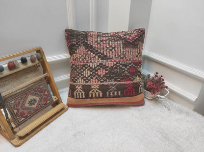 Handmade Kilim Pillow Cover: Upcycled Woven Rug, Ethnic Decor (18x18 inc)