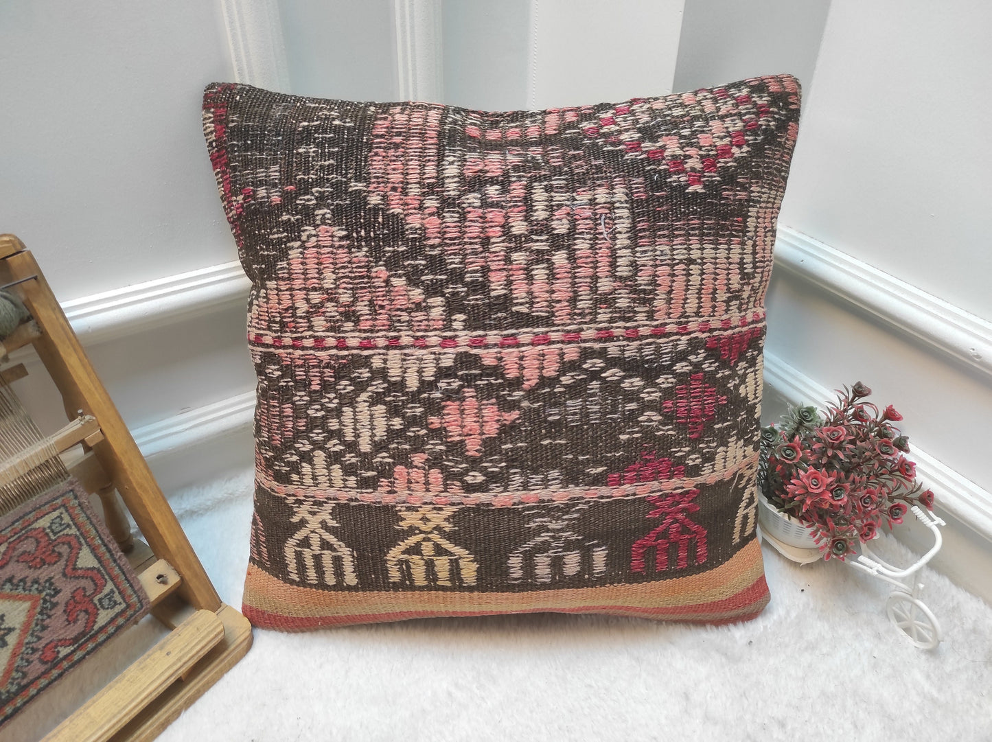 Handmade Kilim Pillow Cover: Upcycled Woven Rug, Ethnic Decor (18x18 inc)