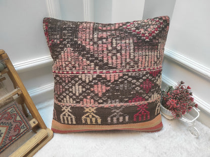 Handmade Kilim Pillow Cover: Upcycled Woven Rug, Ethnic Decor (18x18 inc)